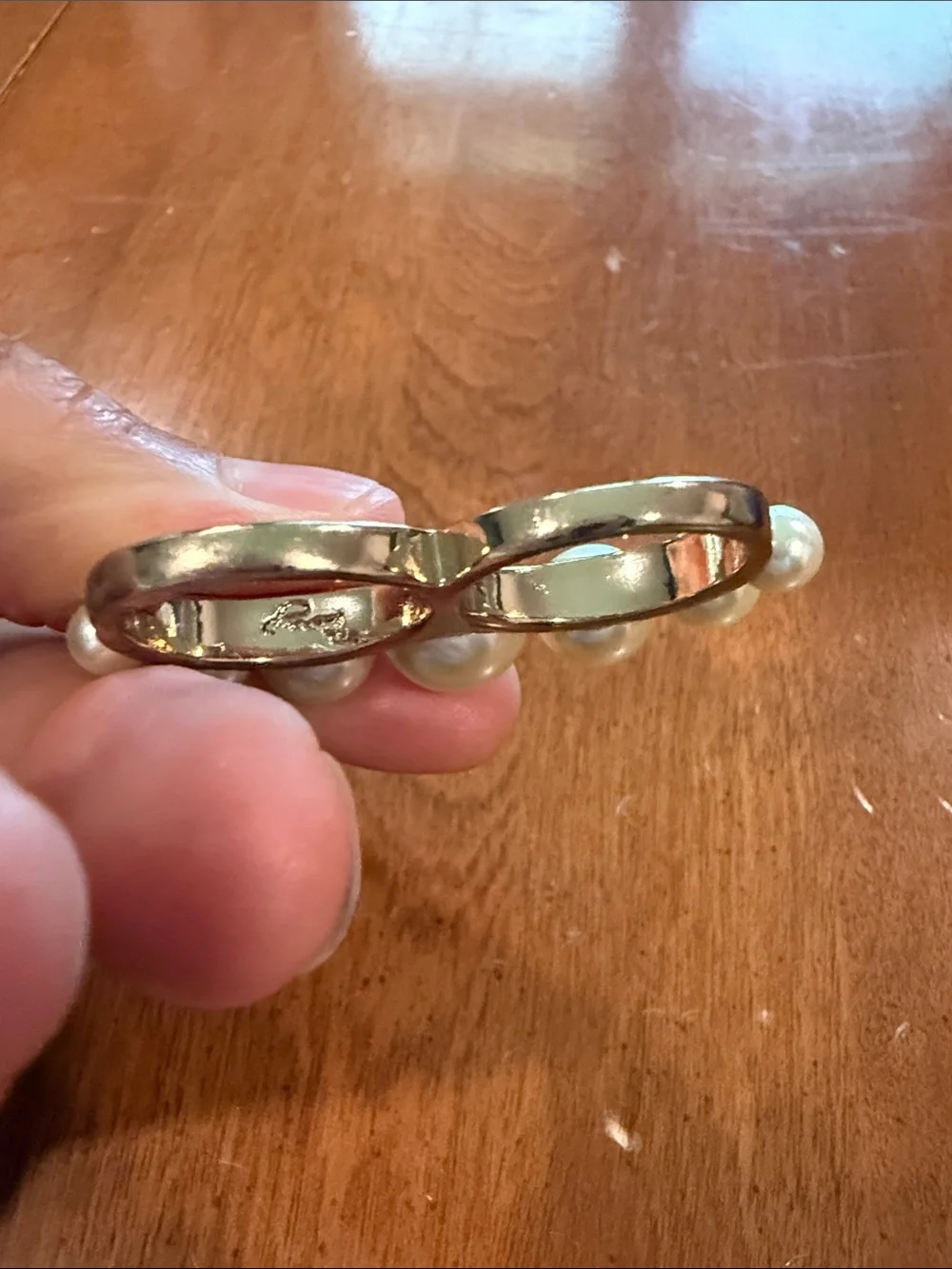 Vintage Designer Signed Double Finger Faux Pearl Statement Ring
